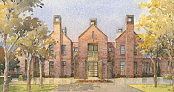 A watercolor rendering of the exterior of the new chancellor's residence