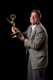 Dr. Donald L. Bitzer holds the Emmy he won in 2002 for his co-invention of the plasma display monitor.