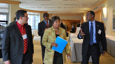From left to right: Justin Schwartz, Rep. Eddie Bernice Johnson (ranking member of the House Science Committee), and Andrew Jones of Florida A&M University at the diversity workshop.