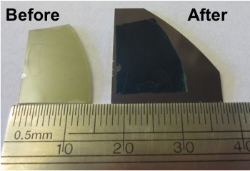 Image of the clear thin film on the original growth substrate (left) and after being transferred (right). Photo credit: Linyou Cao.