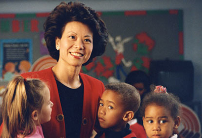 Chao visiting with children at a United Way funded childcare center.
