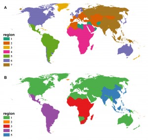 Maps reflect vectored human diseases (top) and non-vectored human diseases. Click for larger image. Image courtesy of Michael Just.
