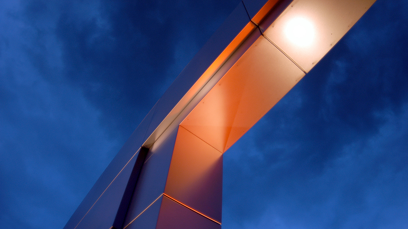 view of university gateway sign from ground up.