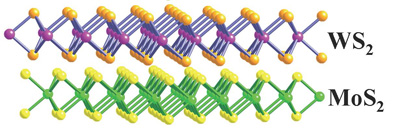 Schematic illustration of monolayer MoS2 and WS2 stacked vertically. Image: Linyou Cao.