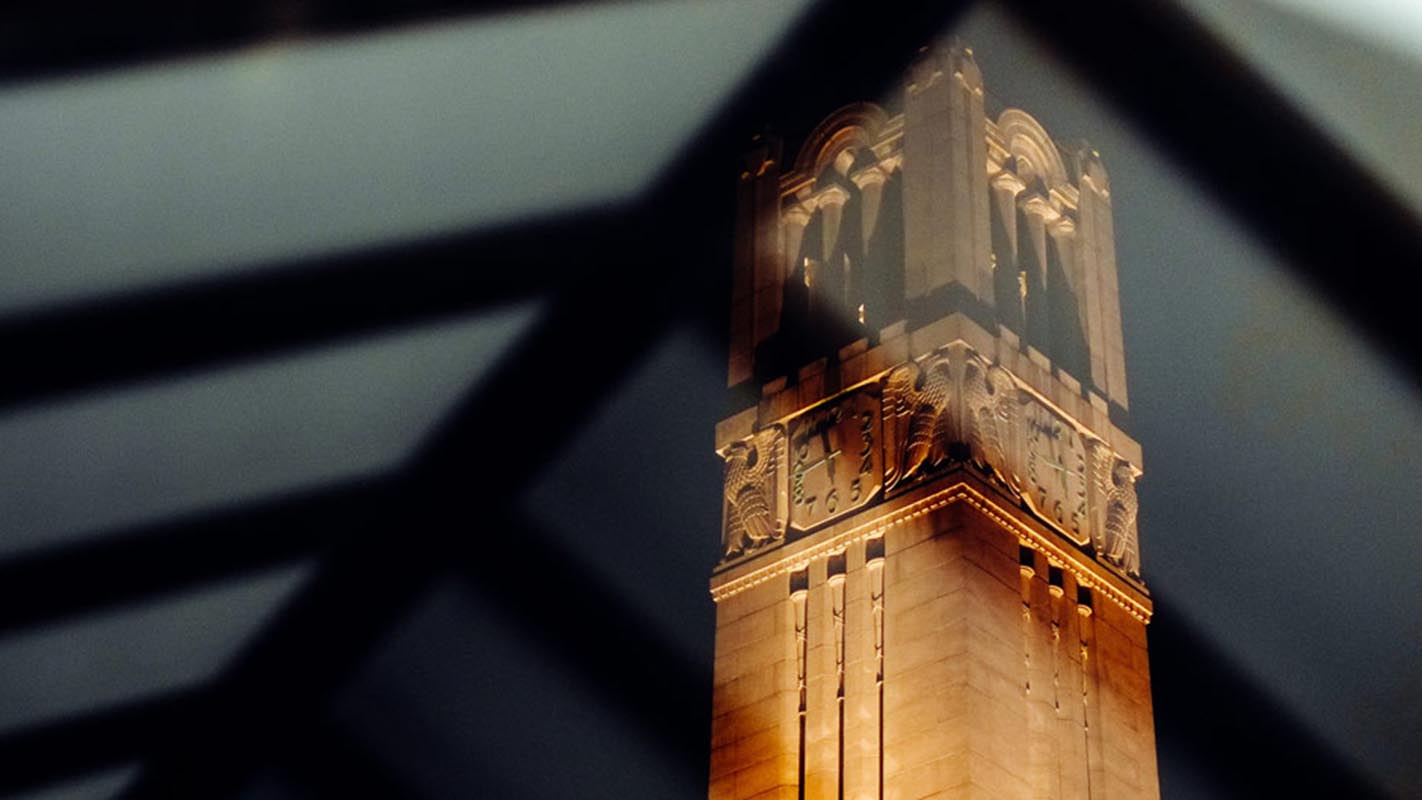 The Memorial Belltower, as viewed from a bus stop on Hillsborough Street.