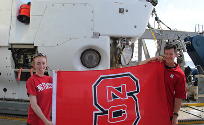 McVeigh and her advisor, David Eggleston, in front of Alvin. Photo courtesy of McVeigh. Click to enlarge.