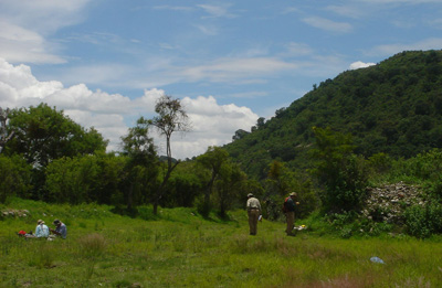Archaeologists collecting surface artifacts from the upper portion of Tlaxcallan. Photo Credit: John Millhauser. Click to enlarge.