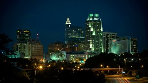 The downtown Raleigh skyline by night.