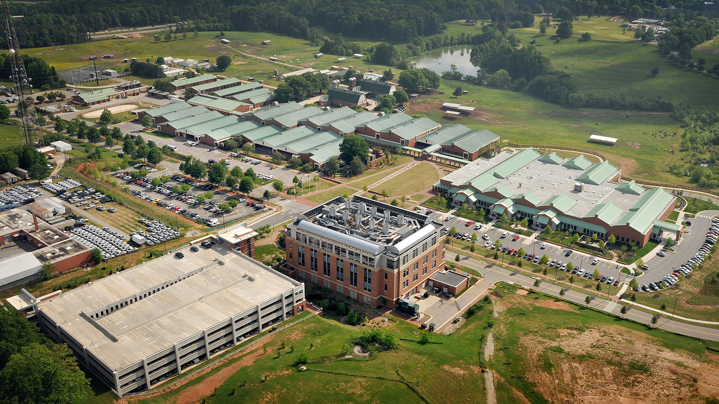 An aerial shot of NC State's College of Veterinary Medicine, with the Terry Center in the foreground.