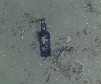 One of nine glass bottles observed at the site of a centuries-old shipwreck off the North Carolina coast. Photo credit: Woods Hood Oceanographic Institution. Click to enlarge.