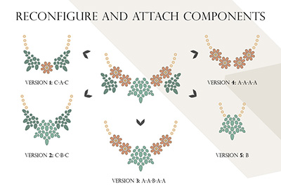 Illustration of how BloomUnique's concept can create multiple necklaces from identical components. Click for a full poster on the concept. Image credit: BloomUnique.