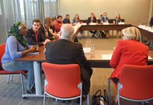 President Spellings talks with NC State students during her listening tour.