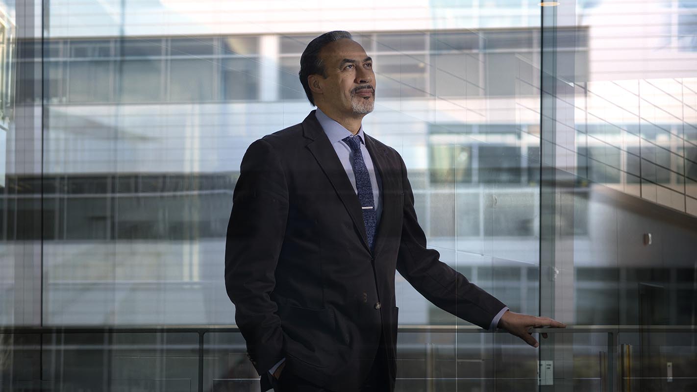 Durham architect Phil Freelon '75 at the Durham County Human Services Building, which he designed.