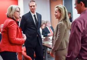 President Spellings meets NC State University faculty members Rodolphe Barrangou (center) and Montserrat Fuentes.