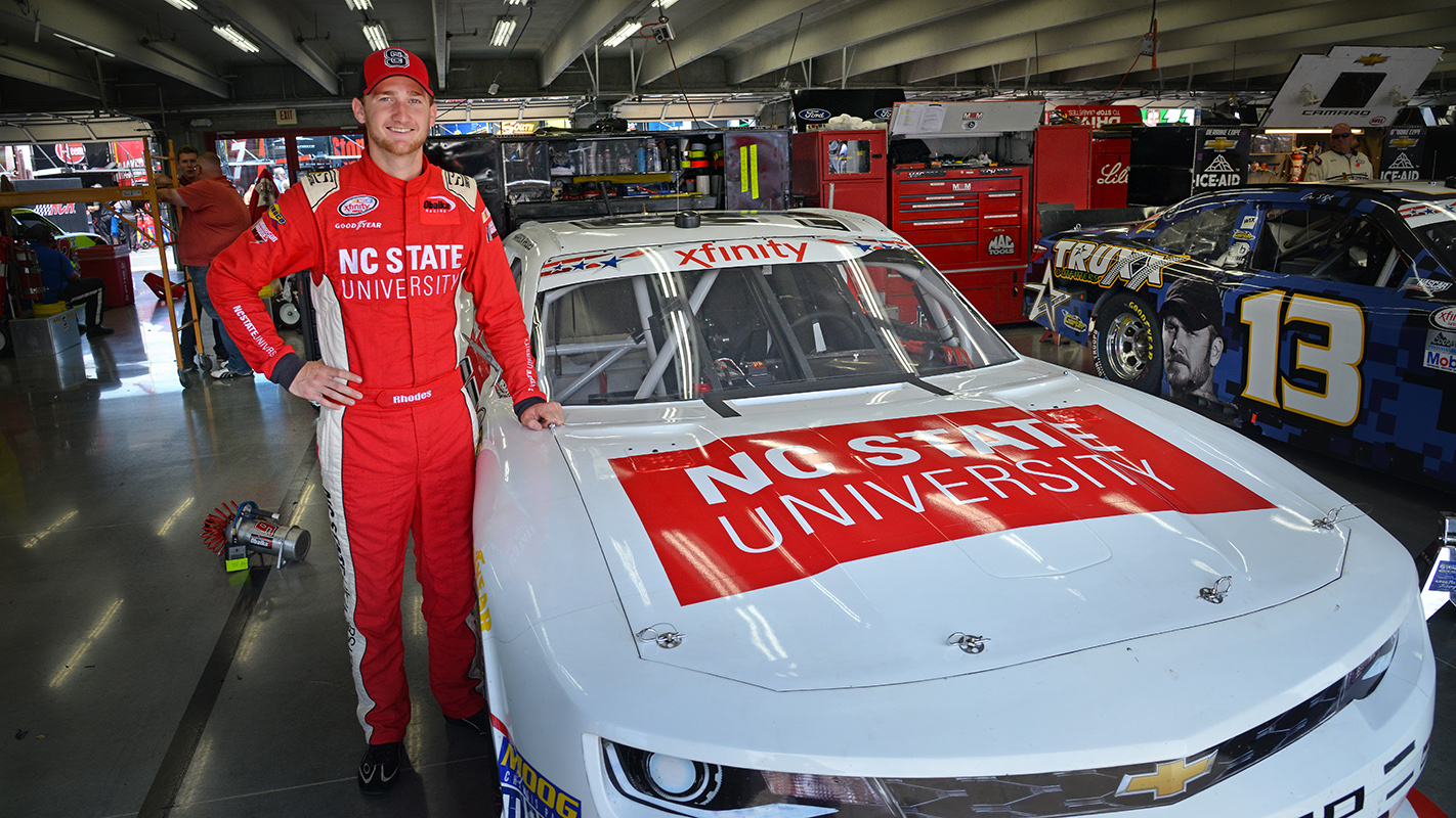 NC State senior and NASCAR driver Harrison Rhodes and his NC State Number 97 Camaro.