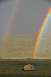 Double rainbow at research camp, Hangay Mountains, Mongolia​. 