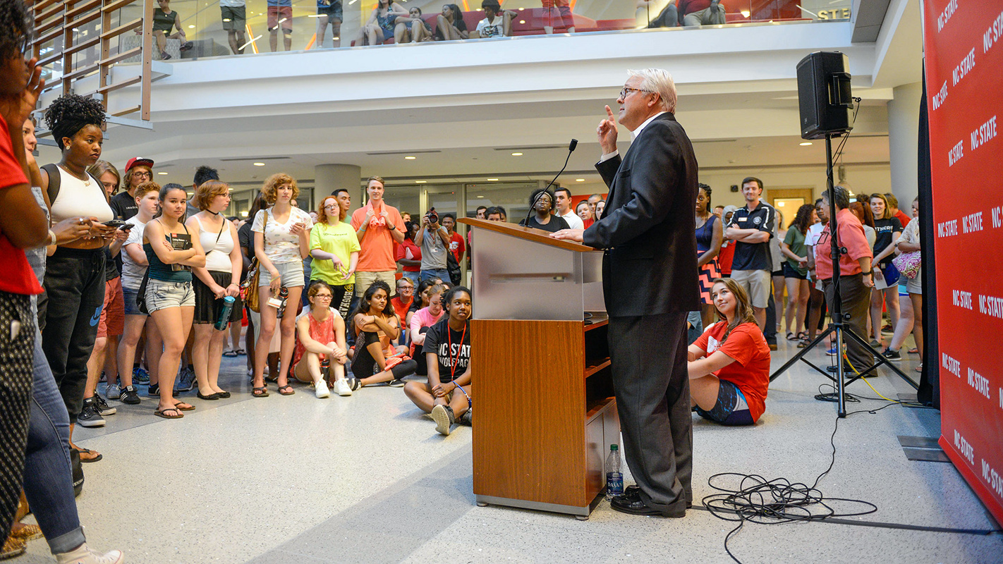 NC State Chancellor Randy Woodson addresses the attendees of Respect the Pack.