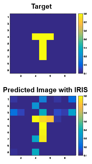 What a target image actually looks like (top), and how simulations indicate IRIS would picture the target (bottom).
