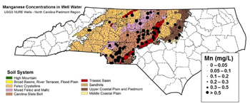 Map shows “hot spots” denoting high concentrations of manganese in North Carolina well water. Click to enlarge.