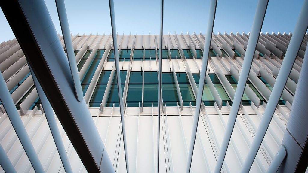 An exterior shot of the solar fins of NC State's Hunt Library.