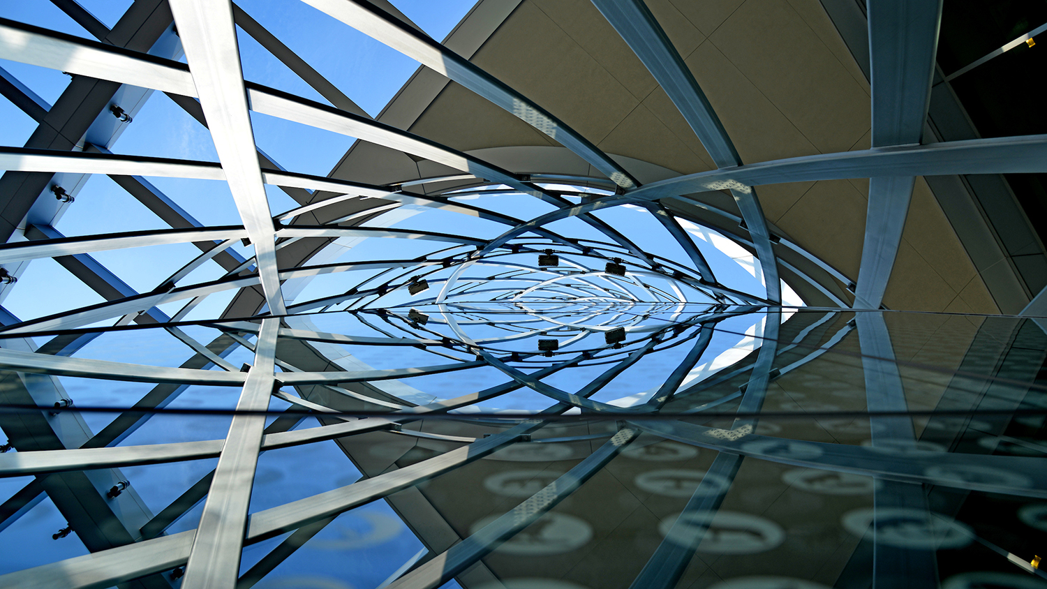 Looking up into the Talley Student Union tower, up the elevator glass wall.