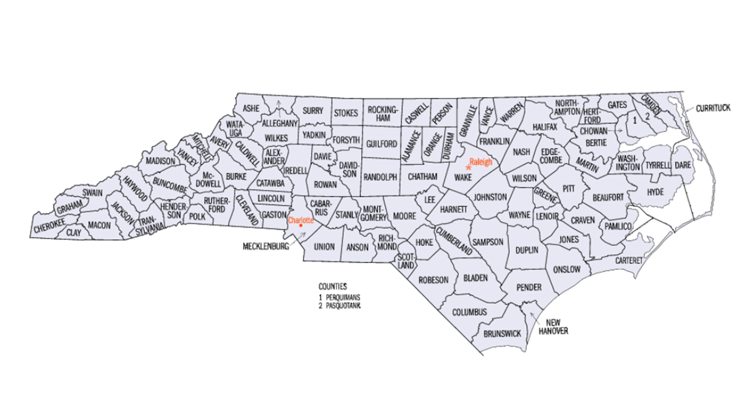 Map of the counties in North Carolina