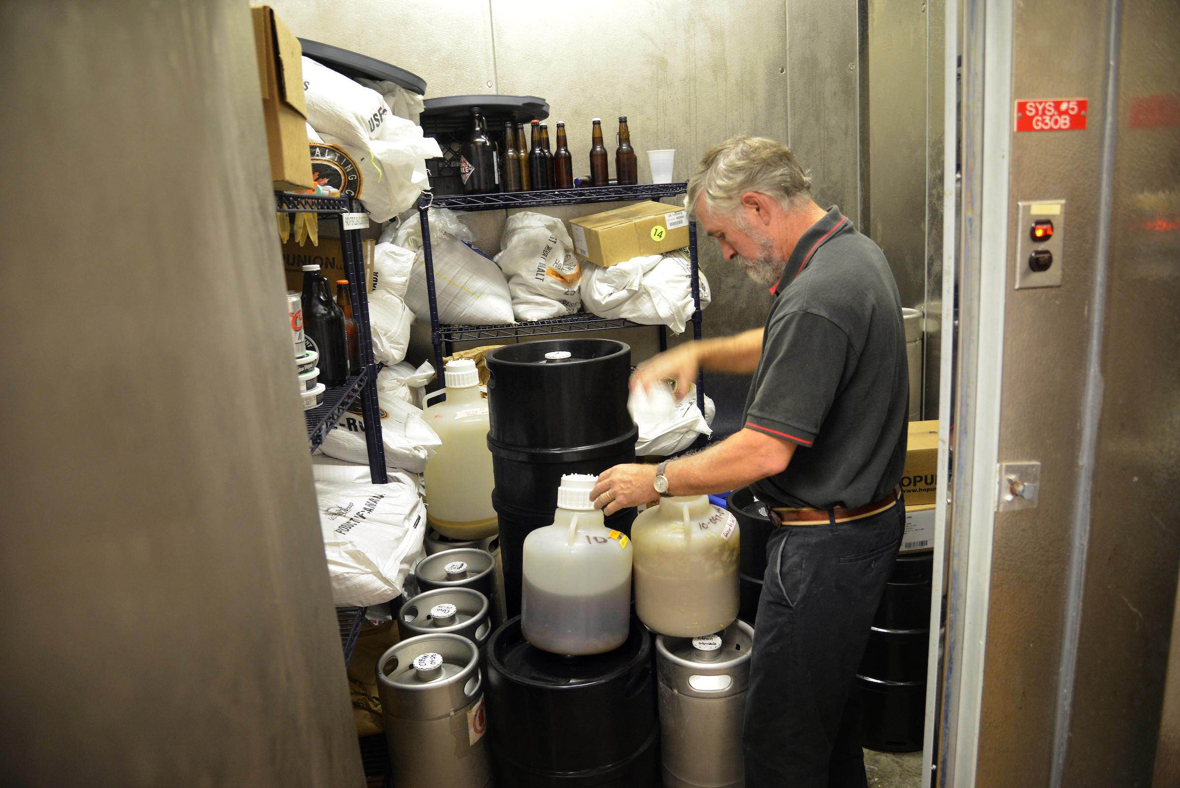 Dr. John Sheppard, coordinator for the undergraduate Bioprocessing Science Program, checks on yeast supplies in a Schaub Hall cooler.