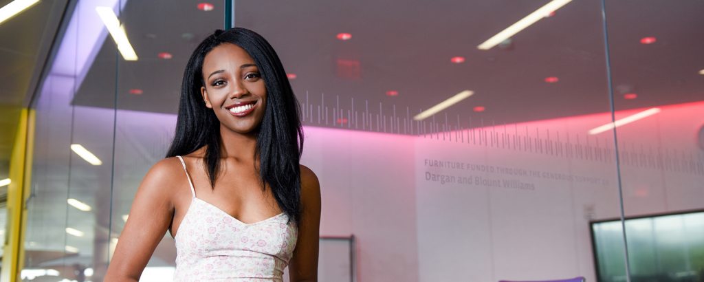 NC State student Dani Coan in Hunt Library.