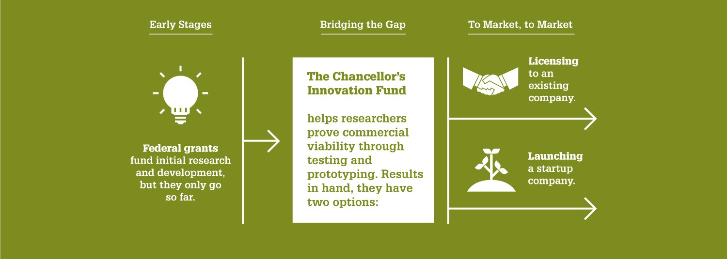 An infographic reads: 
Federal grants fund initial research and development, but they only go so far. The Chancellor's Innovation Fund helps researchers prove commercial viability through testing and prototyping. Results in hand, they have two options.They can license to an existing company or launch a startup company.