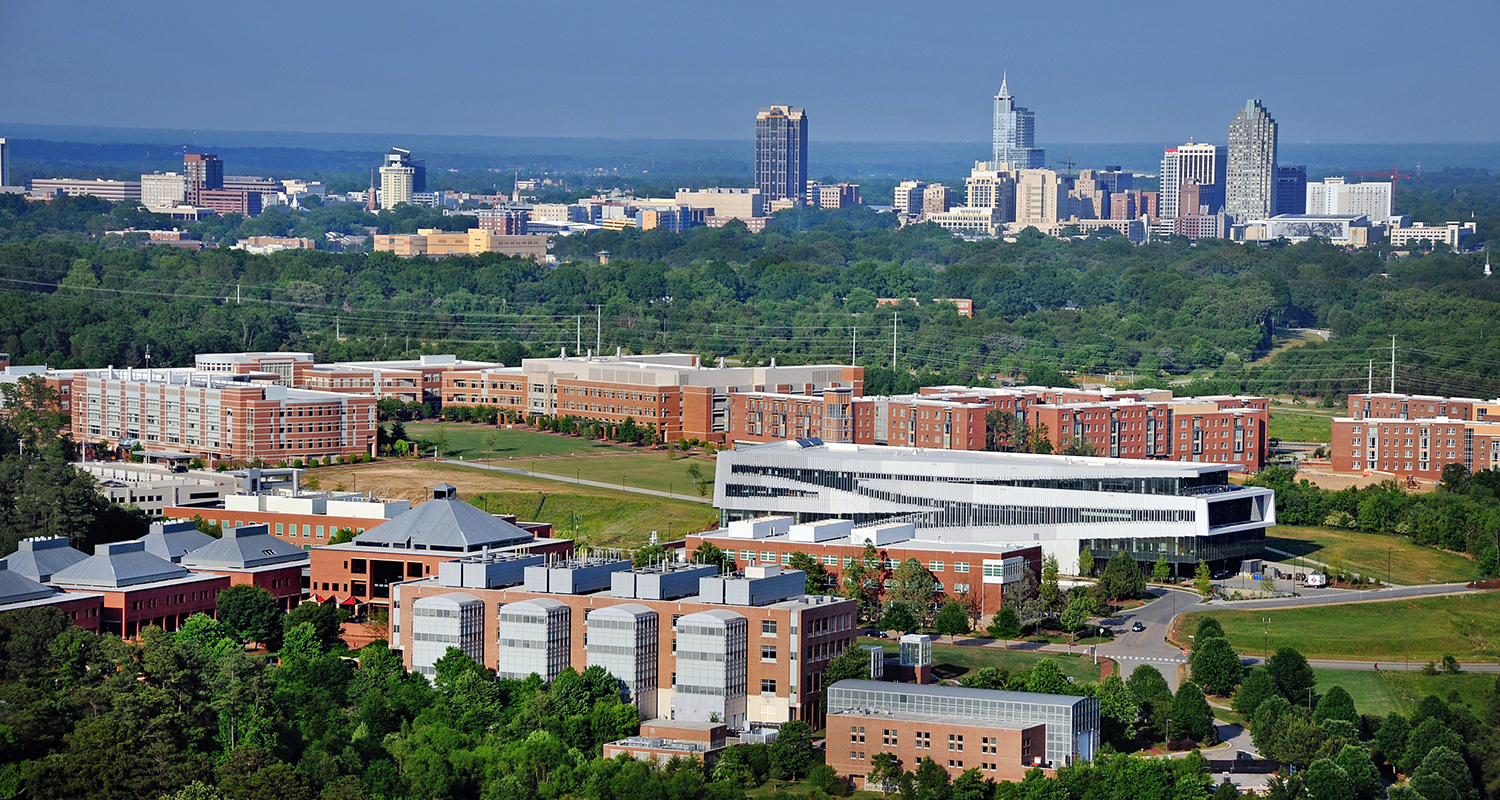 The Raleigh skyline rises to the east behind Centennial Campus.