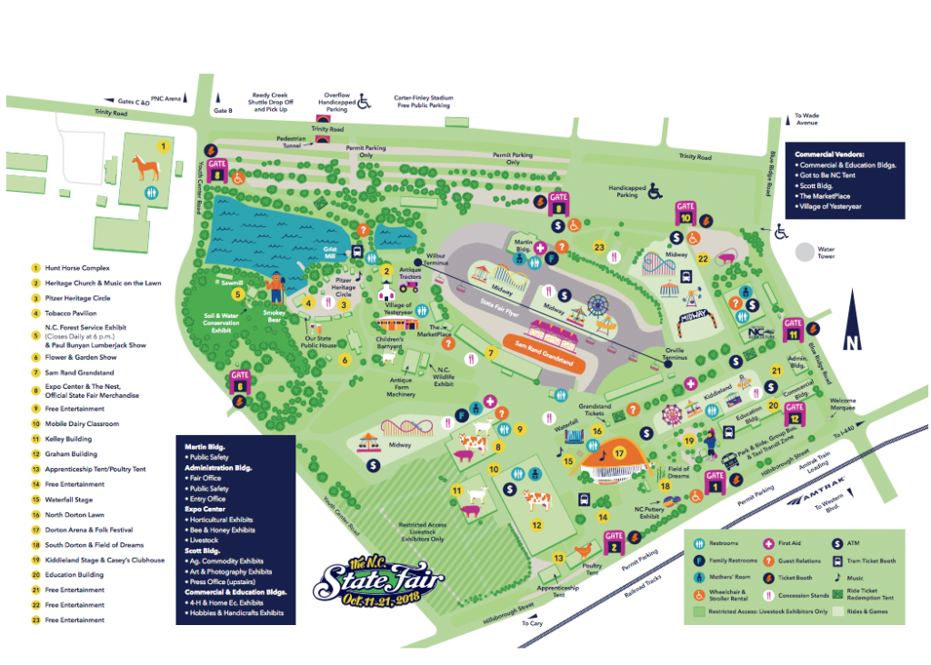 A large, colorful illustration of the fairgrounds marks different rides, gates, food vendors and parking areas.