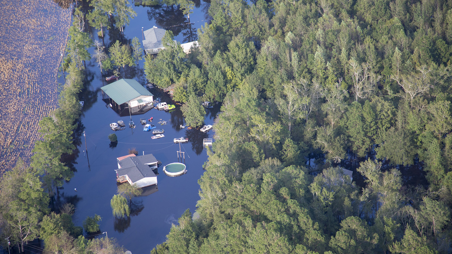 aerial view of flooded homes and forest