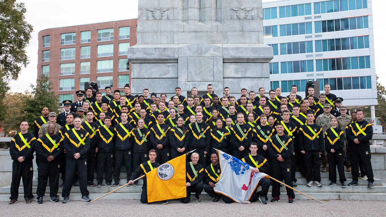 Members of the U.S. Army, Air Force and Navy ROTC units at the Belltower