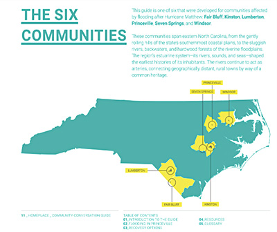 Page from a guidebook showing a map of North Carolina with six communities outlined.