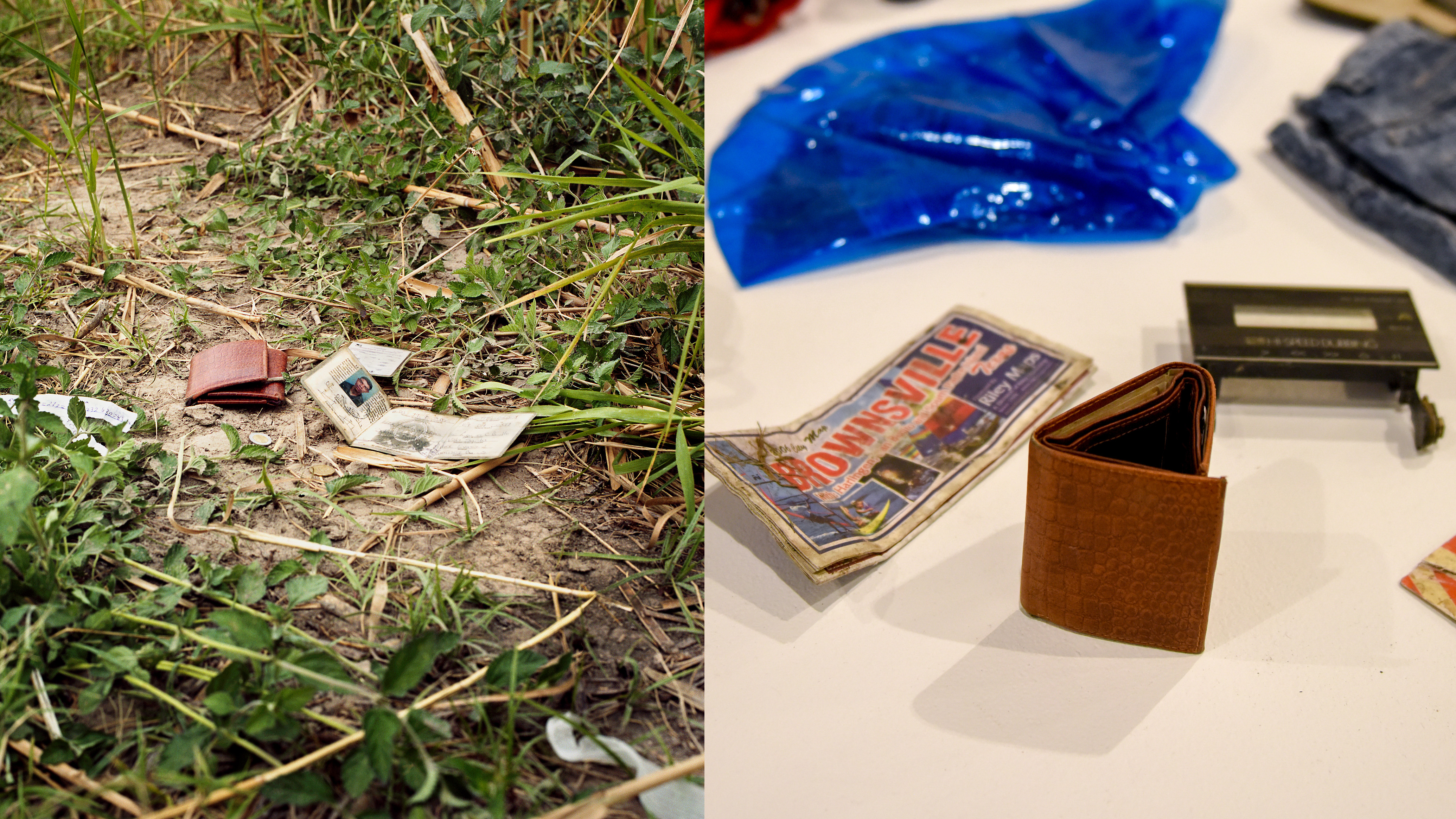 A found wallet photographed on the ground, and another found wallet displayed in the Gregg Museum.