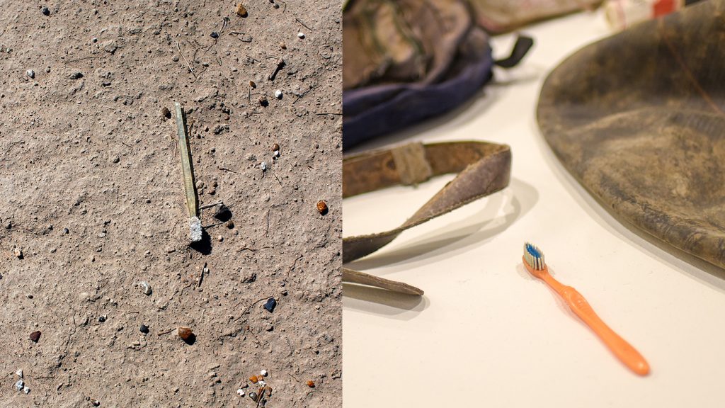 At left, a photograph of a toothbrush on the ground; at right, another toothbrush on display in the Gregg Museum.