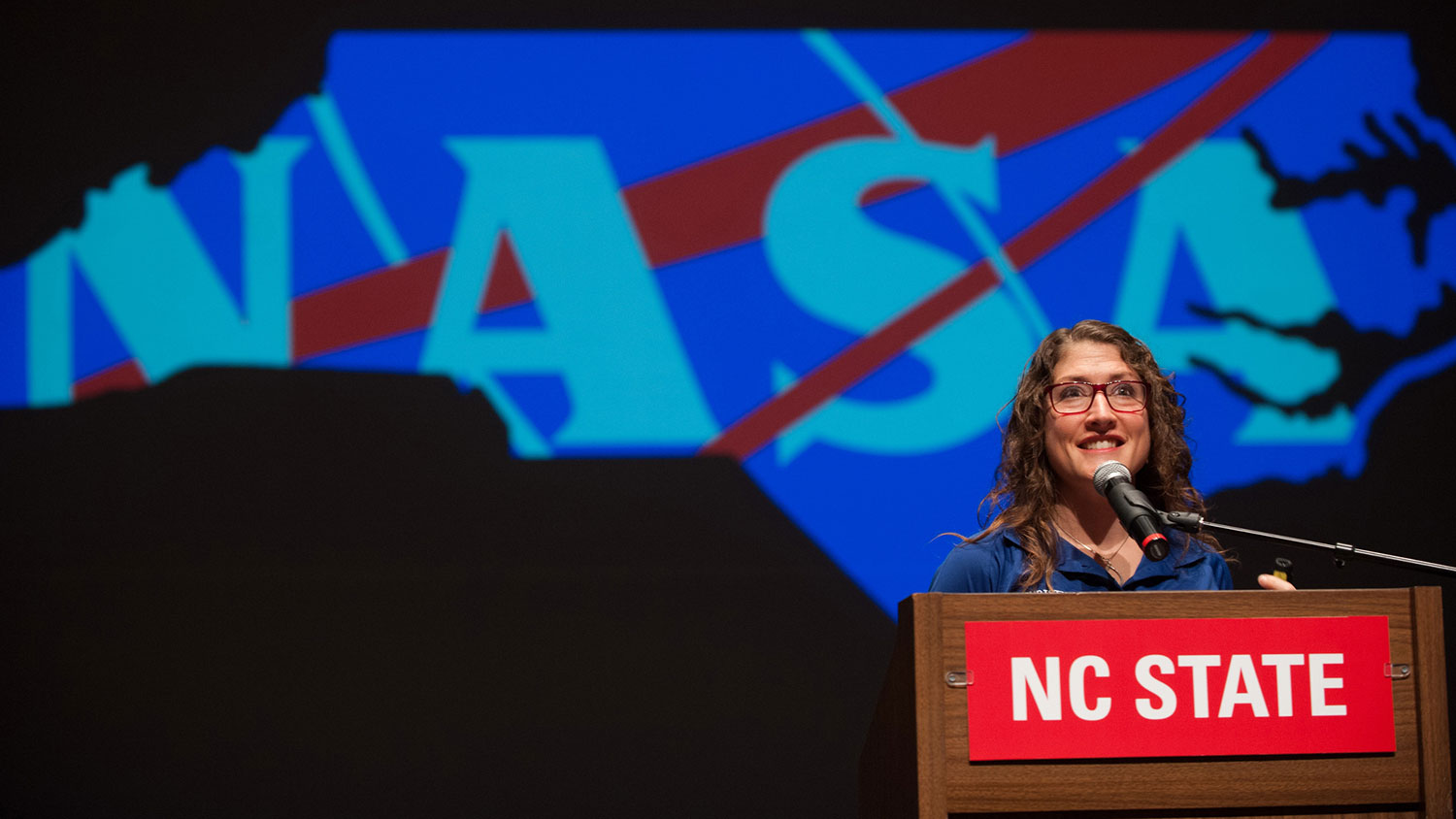 Astronaut Christina Koch delivering a talk at NC State University