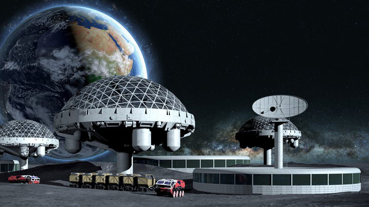 Artist’s depiction of a moon base with a view of Earth in the distance. Pavel Chagochkin/Shutterstock.com