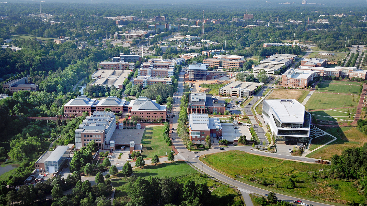 Aerial view of Centennial Campus, looking north towards main campus