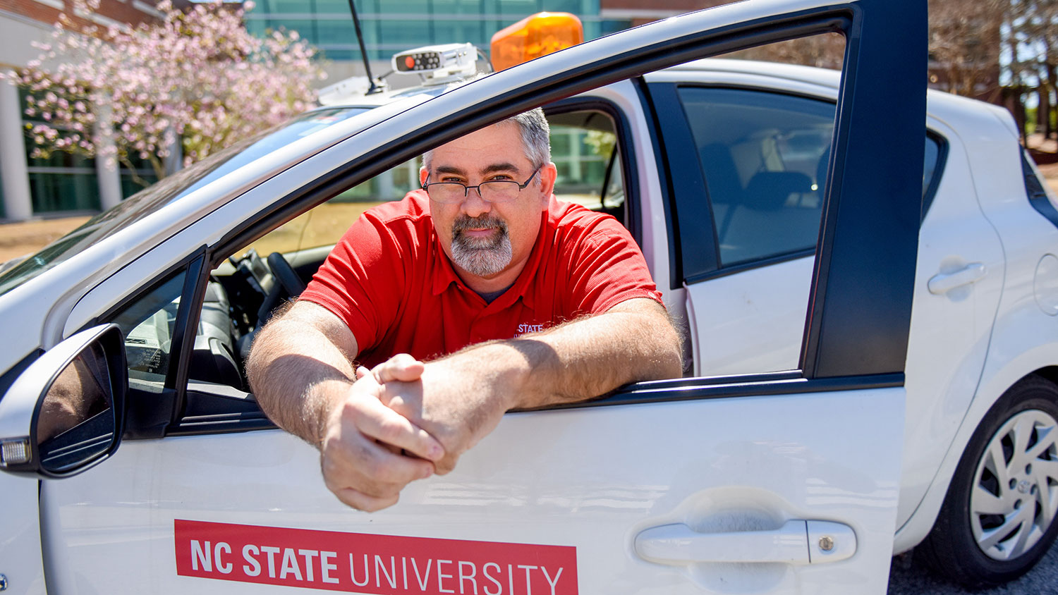 NC State Transportation Officer Matt Heater in his vehicle