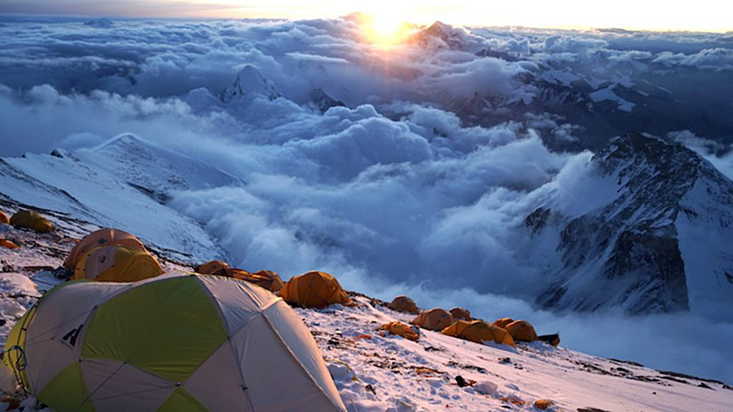 View of sunrise from near the summit of Mount Everest.