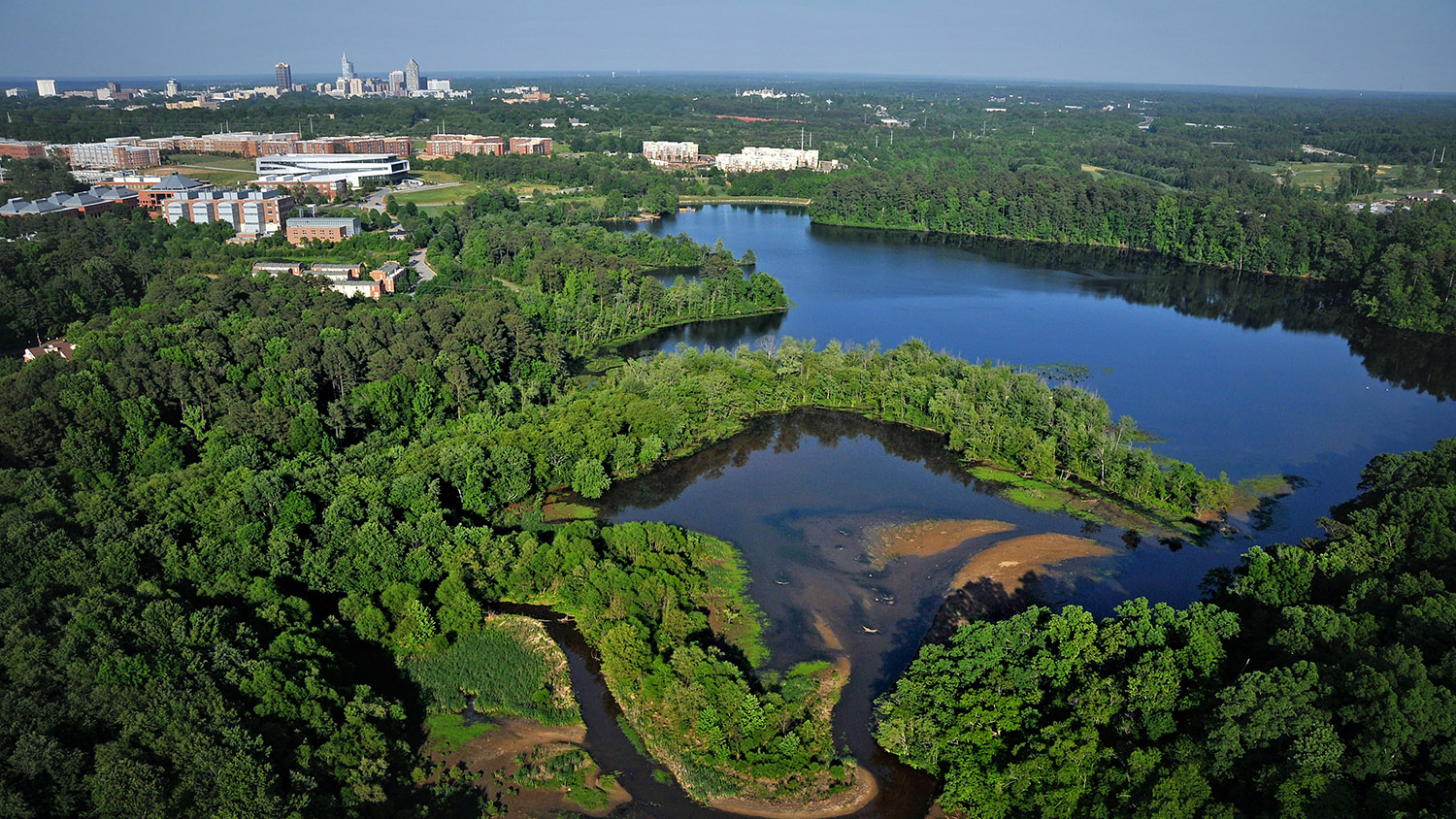 Bird's eye view of Lake Raleigh on Centennial Campus.