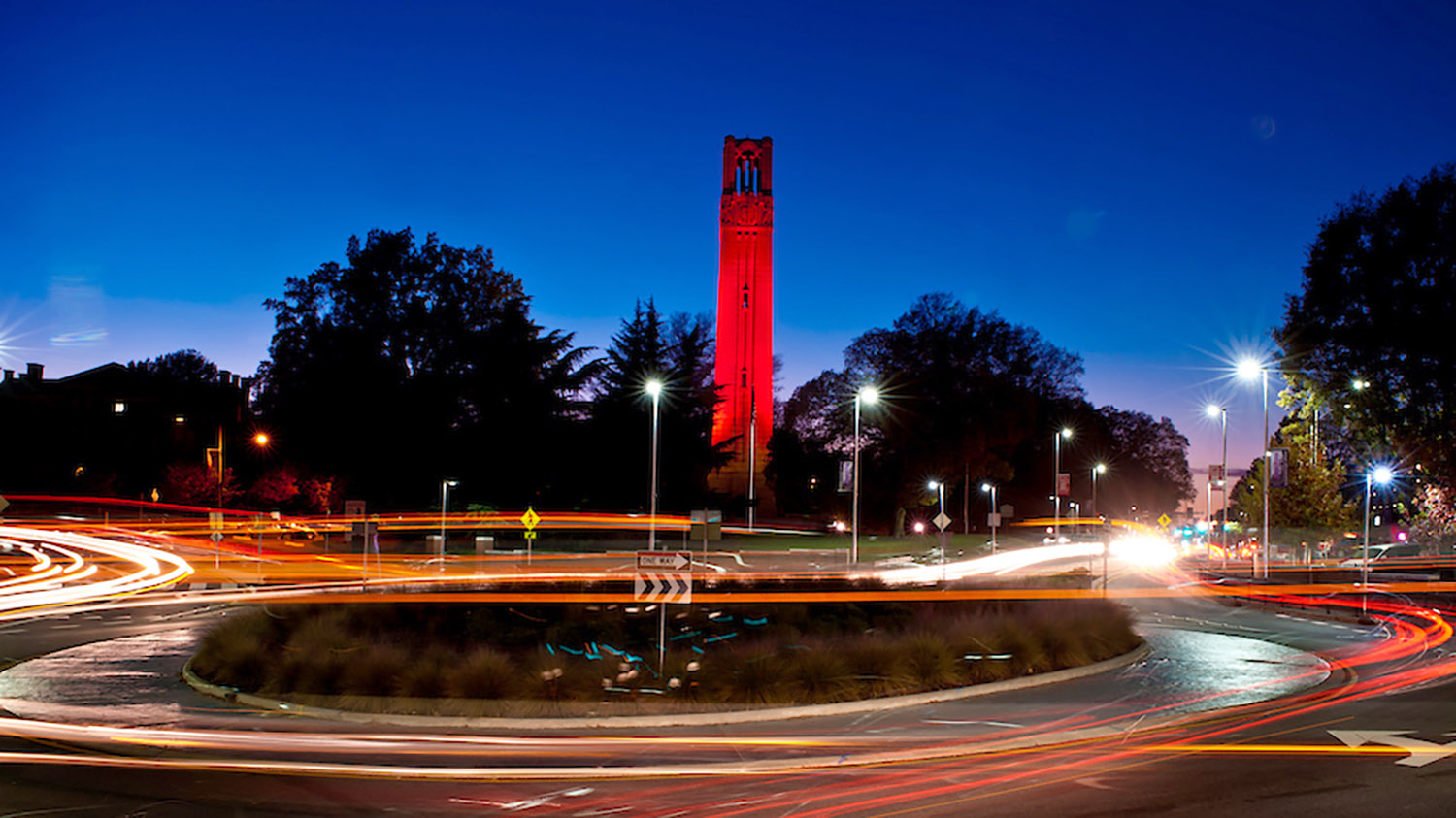 image of the belltower lit red