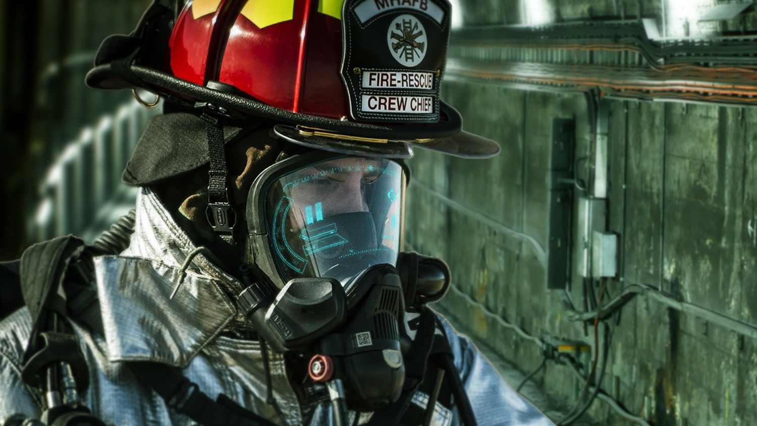 firefighter with streaming data on facemask