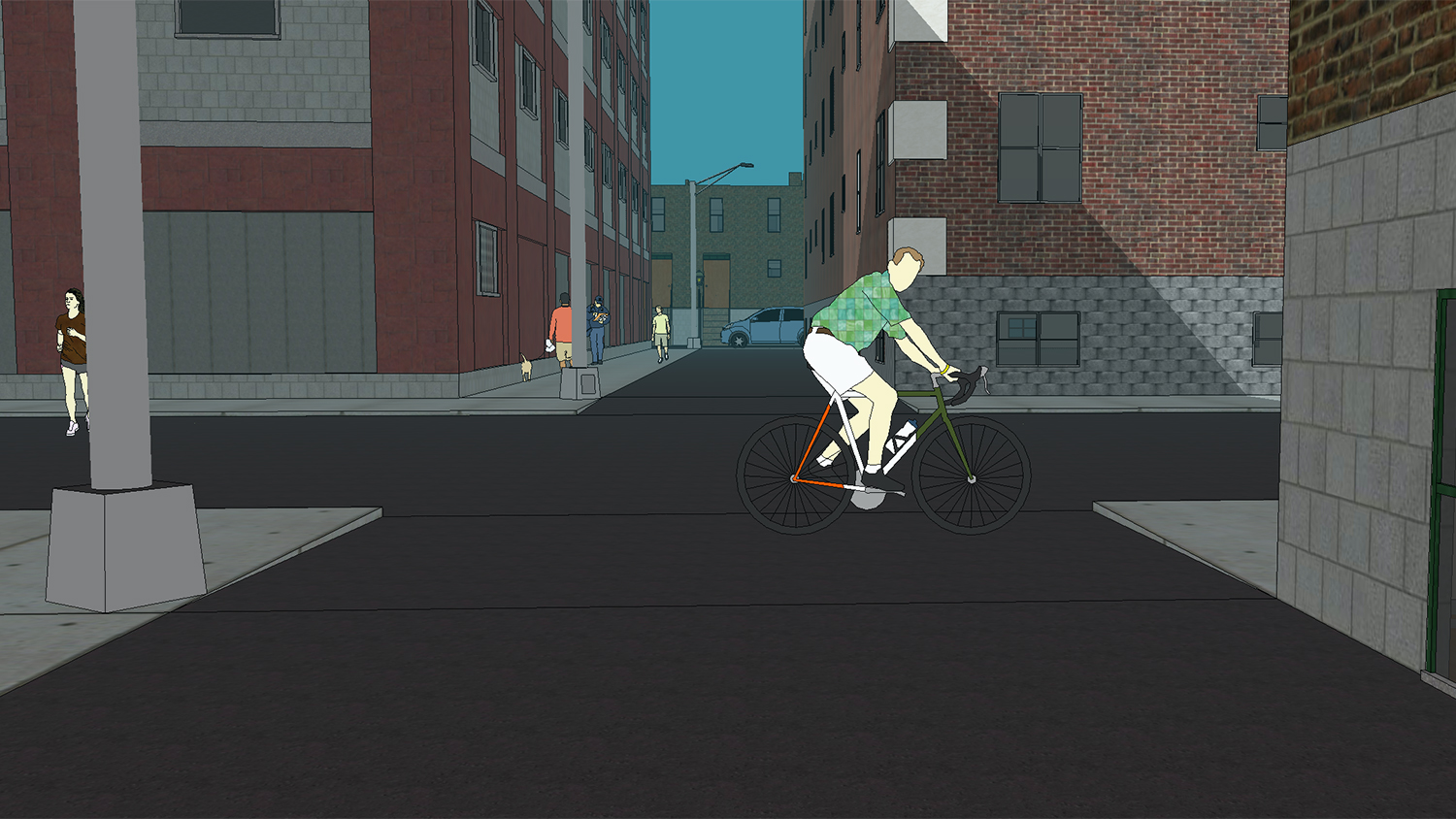 computer image of a street intersection with a bicyclist straight ahead and a jogger on the left