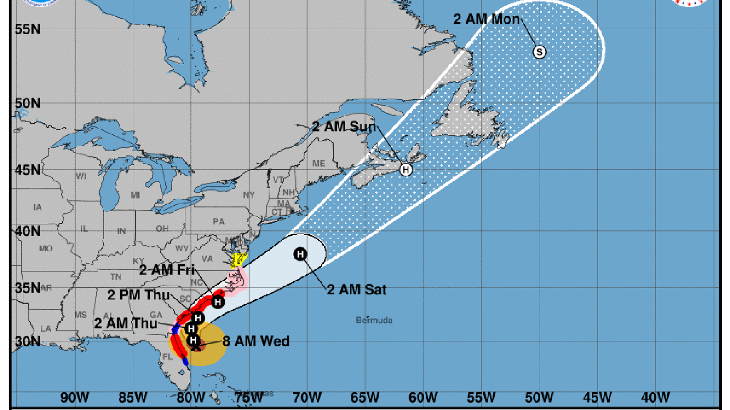 Map of Hurricane Dorian's projected path.