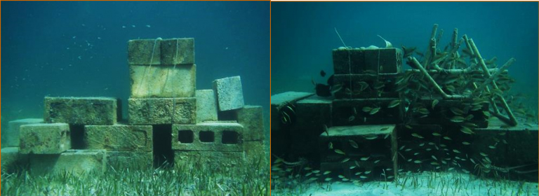 cinder block pile at left, cinder blocks with added bars at right