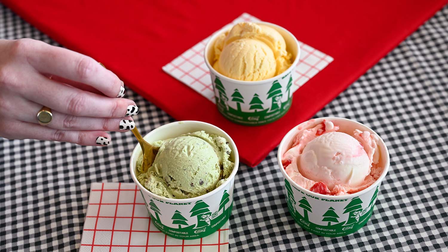 Scoops of lemon-, strawberry- and mint-flavored Howling Cow ice cream.