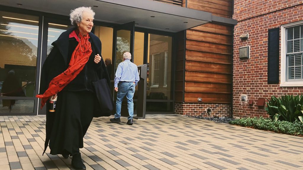 Margaret Atwood seen exiting the Gregg Museum.