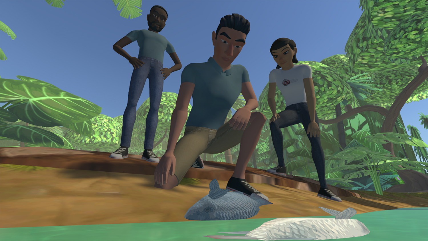 video game image of three young people examining a waterway